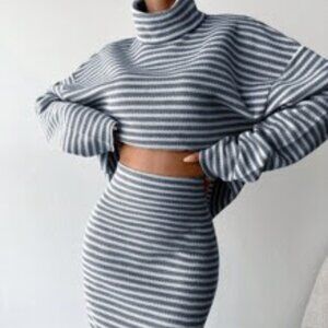 SHEIN S grey/white stripe turtleneck drop shoulder and matching skirt so cute!!!